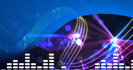 Composition of blue area, audio level meter, colourful music stave and notes over lights on black....