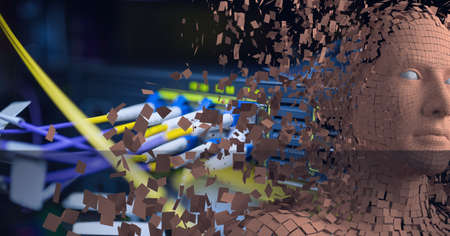 Composition of exploding human bust formed with particles and computer server. global connections,...