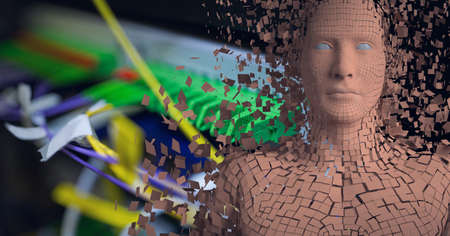 Composition of exploding human bust formed with particles and computer server. global connections, technology and digital interface.の写真素材