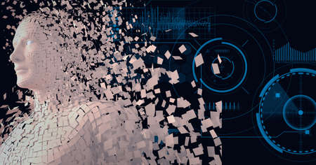 Composition of exploding human bust formed with particles over data processing. global connections, data processing and digital interface concept digitally generated image.の写真素材