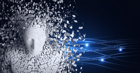 Composition of exploding human bust formed with particles over glowing light trails. global connections, technology and digital interface concept digitally generated image.の写真素材