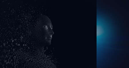 Composition of exploding human bust formed with binary coding with blue light. global connections, technology and digital interface concept digitally generated image.の写真素材