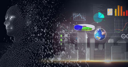 Composition of exploding human bust with binary coding over data processing. global connections,...