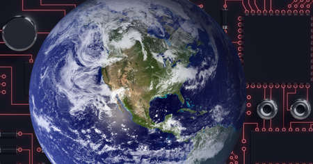 Composition of globe over computer circuit board. global connections, technology and digital interface concept digitally generated image.の写真素材