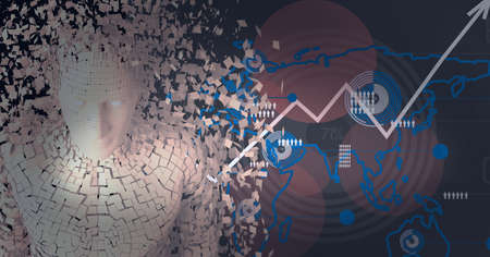 Composition of exploding human bust with over data processing. global connections, technology and digital interface concept digitally generated image.の写真素材