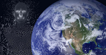 Composition of exploding human bust with binary coding over globe. global connections, technology...