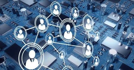 Composition of network of connections with icons over computer circuit board. global online...
