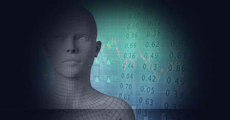 Composition of human bust formed with particles and financial data processing. global finances,...