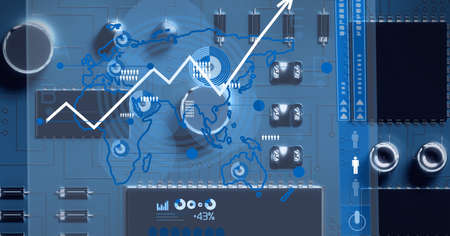 Composition of world map and data processing over computer circuit board. global connections, data...