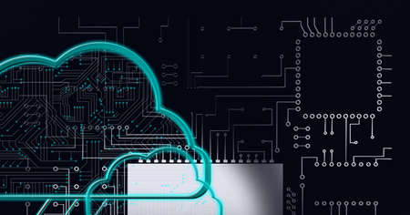 Composition of network of digital cloud icons over computer circuit board. global data processing,...