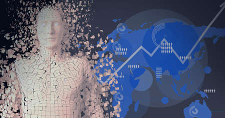 Composition of exploding human bust with over globe and data processing. global connections,...