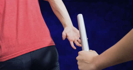 Composition of midsection of caucasian athletes passing grey relay baton. sports and competition concept digitally generated image.の写真素材