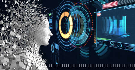 Composition of exploding human bust with data processing over scopes scanning. global connections,...
