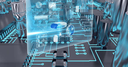 Composition of digital icons with globe over computer circuit board. global connections, technology...