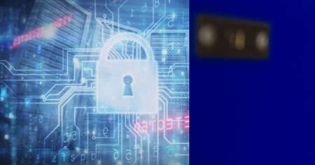 Composition of online security padlocks over computer circuit board and computer servers. global connections, technology and digital interface concept digitally generated image.の写真素材