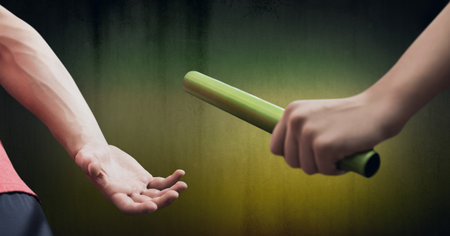 Composition of midsection of caucasian athletes passing green relay baton. sports and competition concept digitally generated image.の写真素材