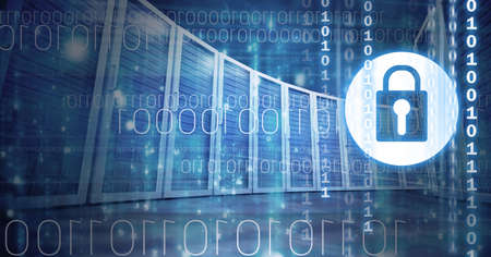 Composition of online security padlock over binary coding and computer servers. global connections,...