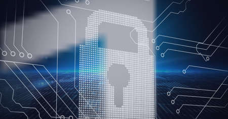 Composition of online security padlock over computer processor circuit board. global online...