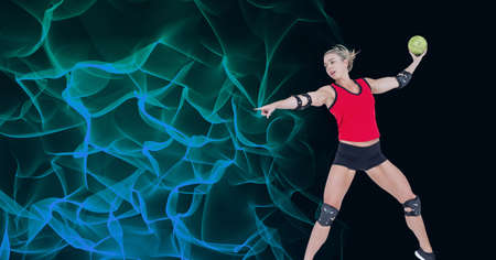 Composition of caucasian female handball player holding ball with copy space on black background. sports and competition concept digitally generated image.の写真素材