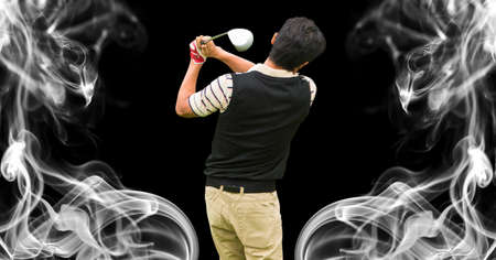 Composition of male golf player holding golf club over clouds on black background. sports and...