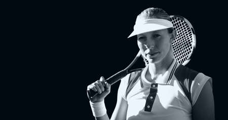 Compostion of female tennis player on black background. championships, sports and competition concept digitally generated image.の写真素材