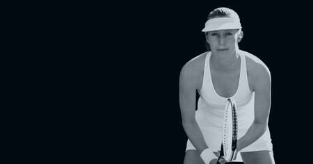 Compostion of female tennis player on black background. championships, sports and competition concept digitally generated image.の写真素材