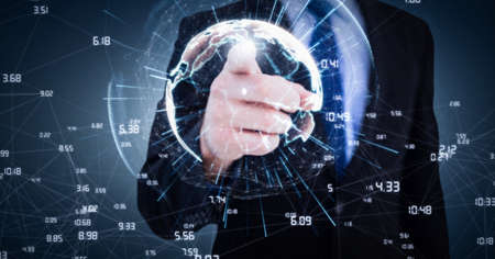 Composition of businessman touching screen with globe and network of connections. global business, connections, technology and digital interface concept digitally generated image.の写真素材