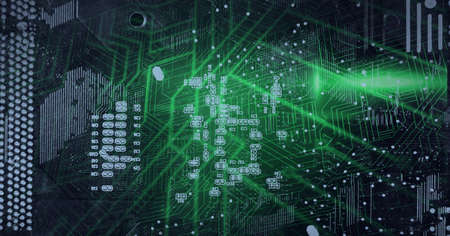 Composition of computer processor with network of connections and circuit board. global data processing, computing and technology concept digitally generated image.の写真素材