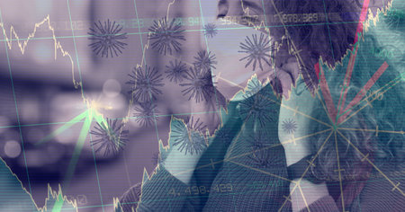 Composition of covid 19 cells and medical data processing over caucasian woman wearing face mask. global covid 19 pandemic and digital interface concept digitally generated image.の写真素材