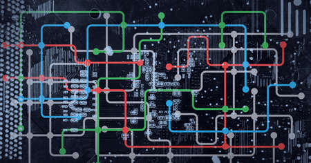 Composition of computer processor with network of connections and circuit board. global data processing, computing and technology concept digitally generated image.の写真素材