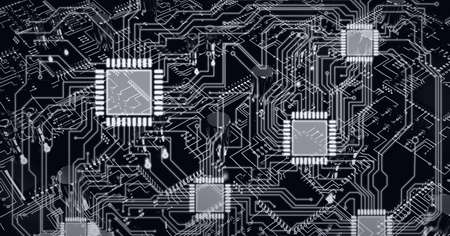 Composition of computer processor and circuit board. global data processing, computing and...