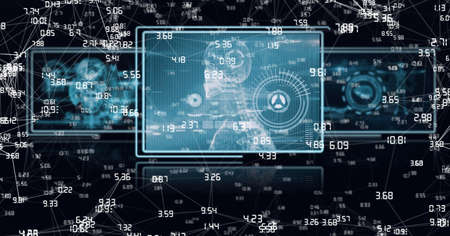Compostion of network of connections over virtual screen with medical icons. global connections,...