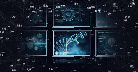 Compostion of network of connections over virtual screen with medical icons. global connections,...