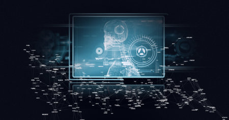 Compostion of network of connections over virtual screen with medical icons. global connections, technology and digital interface concept digitally generated image.の写真素材