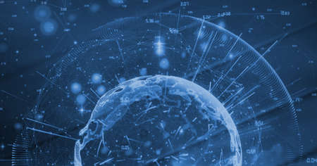 Compostion of globe of network of connections on blue background. global connections, technology and digital interface concept digitally generated image.の写真素材
