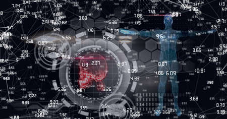 Compostion of network of connections over virtual screen with medical icons. global connections,...