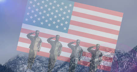 Composition of male soldier silhouettes saluting over american flag and mountain landscape. patriotism and celebration concept digitally generated image.の写真素材