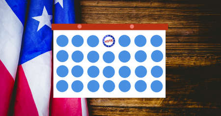 Composition of token template card and voting text over american flag. american politics and...