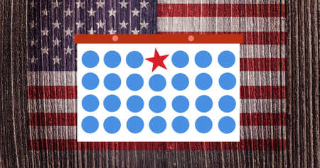 Composition of token template card and red star text over american flag. american politics and...