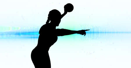 Composition of female handball player on white background with light trails. sport and competition concept digitally generated image.の写真素材
