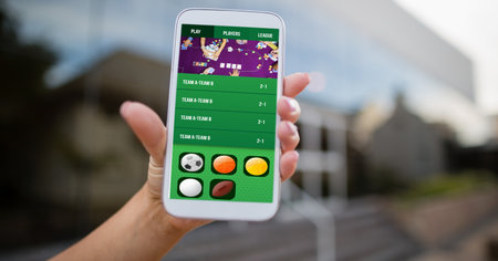 Composition of caucasian woman using smartphone with sports app over building. sport and competition...