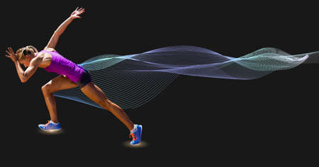 Composition of caucasian female athlete running on black background. sports and competition concept digitally generated image.の写真素材