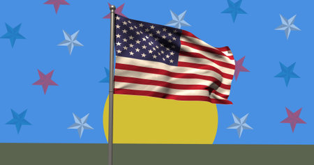 Waving american flag over yellow banner against multiple colorful stars on blue background. american independence template background design conceptの写真素材