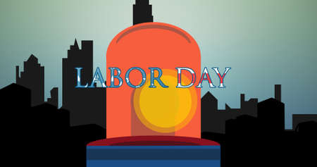 Digitally generated image of labor day text over siren light against silhouette of cityscape. american labor day celebration conceptの写真素材