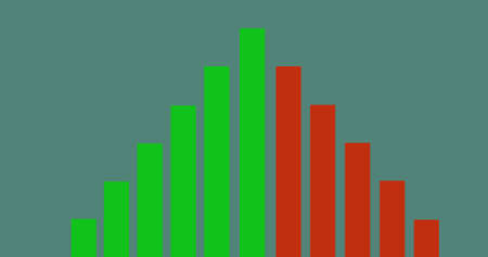 Digitally generated image of green and red bar graohs against green background. mathematics and statistics conceptの写真素材