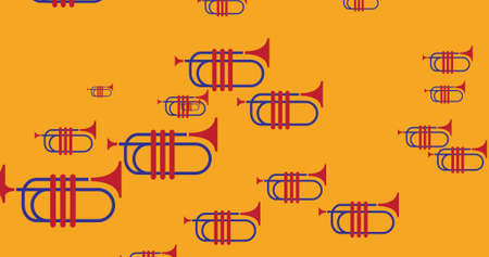 Digitally generated image of multiple trumpet icons against yellow background. american independence day celebration conceptの写真素材