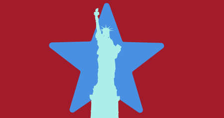 Digitally generated image of silhouette of statue of liberty over blue star against red background. american independence template conceptの写真素材