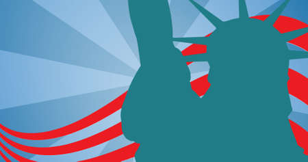 Digitally generated image of silhouette of statue of liberty against red stripes on blue background. american independence template conceptの写真素材