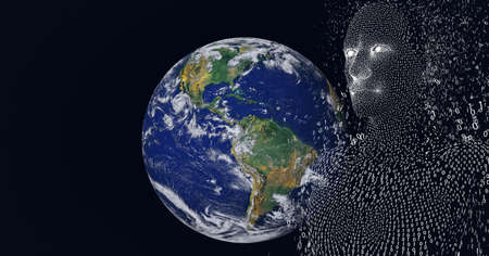 Composition of exploding human bust formed with binary coding over globe. global connections,...