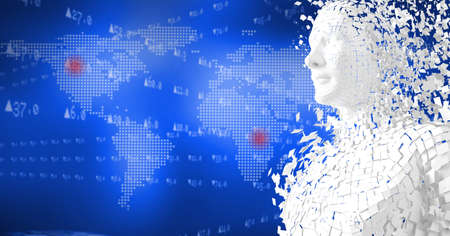 Composition of exploding human bust formed with particles over world map. global connections,...